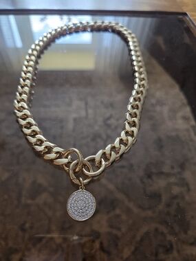 Chunky Link  Necklace with Pave Disc Pendant - Women Jewelry